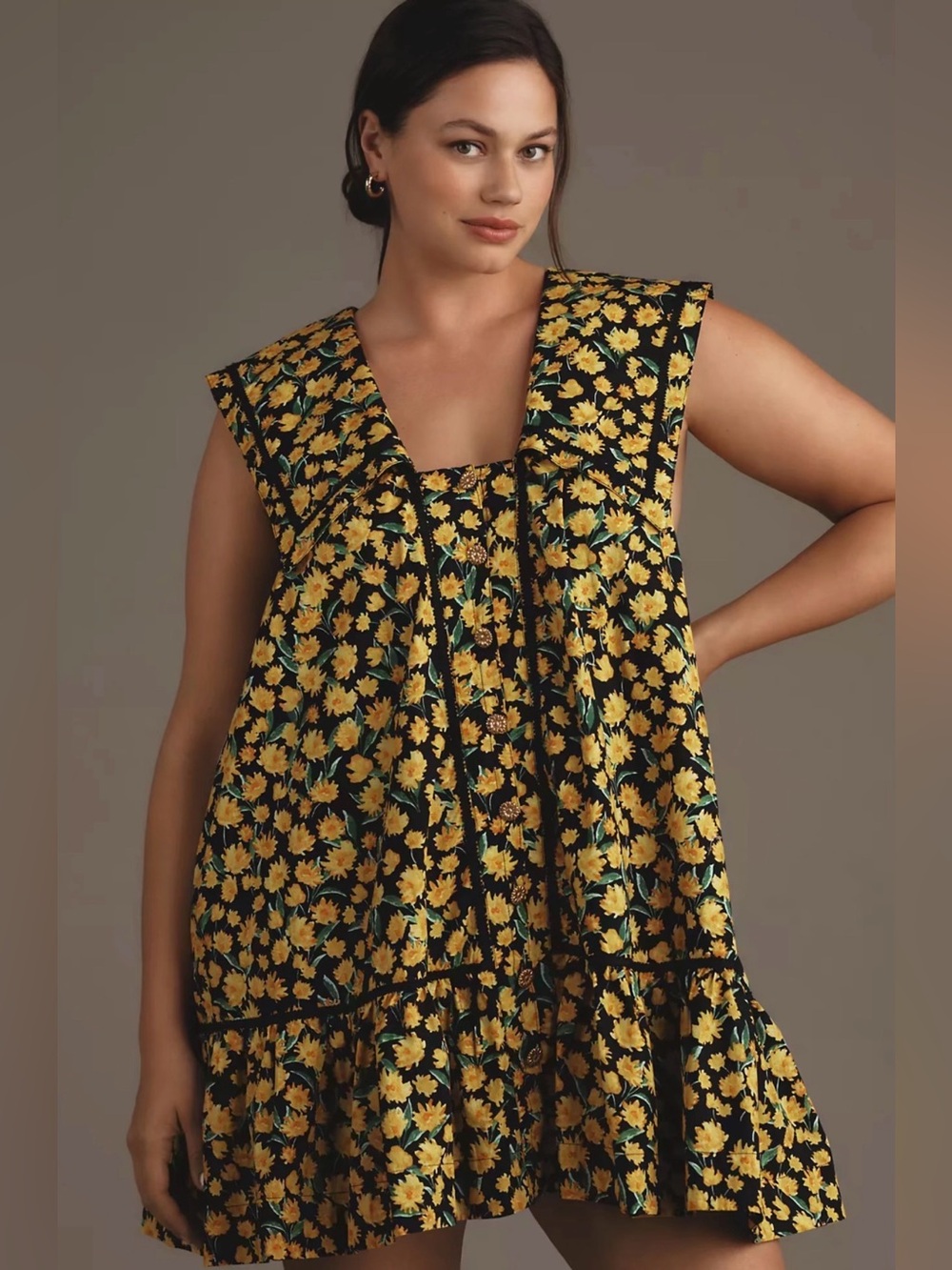 Anthropologie Collared Poplin Swing Mini Dress in Yellow Floral Print, size XL